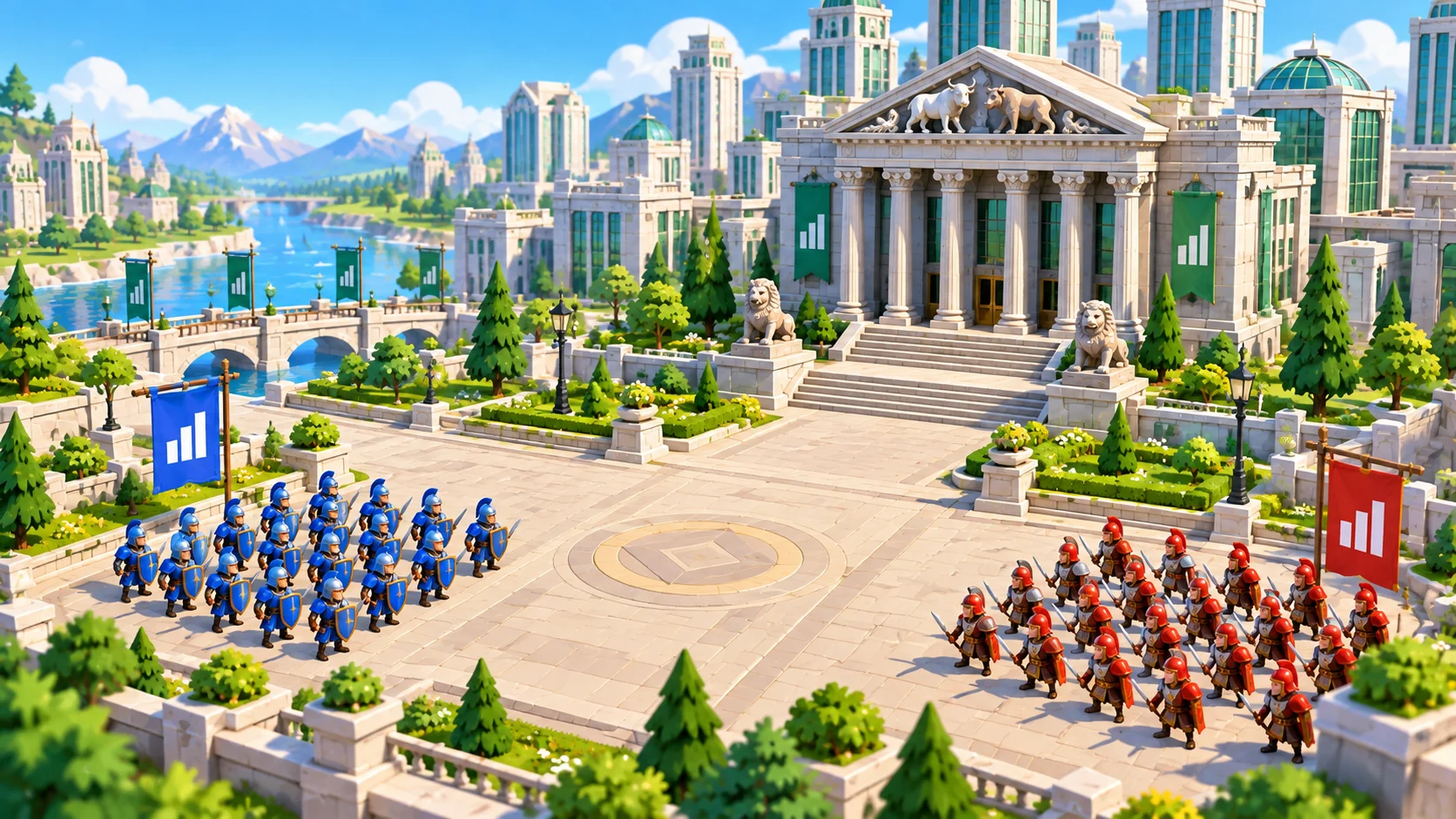 Equity market gameplay concept: blue and red squads in a bright financial district in front of a columned exchange building