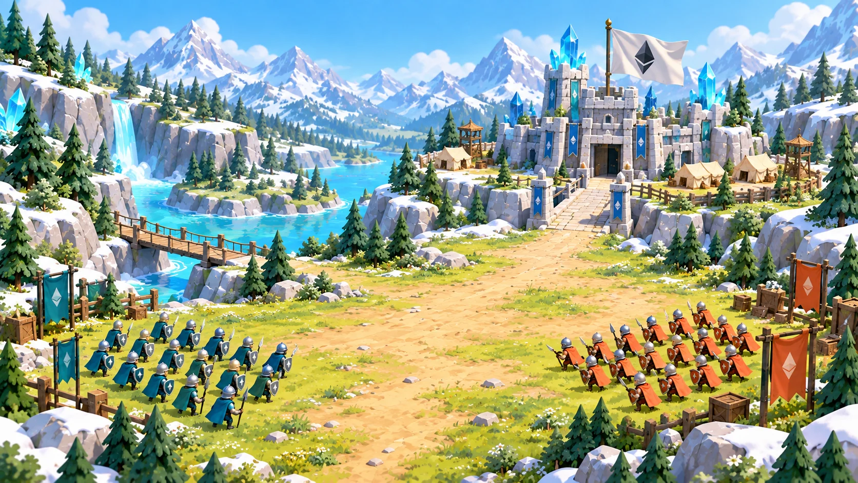 Ethereum gameplay concept: opposing teal and coral formations in a snowy crystal valley beneath an Ethereum citadel