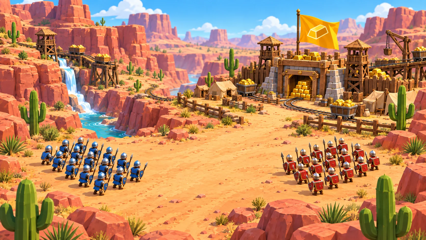 Gold gameplay concept: blue and red formations facing off in a sandstone canyon with a gold vault and mining tracks